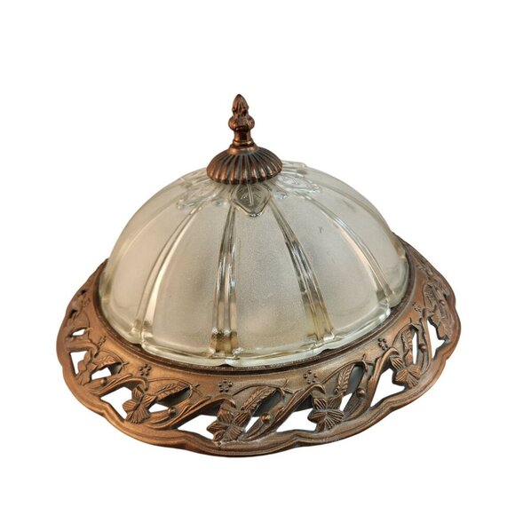 Vintage Ceiling Light Fixture Frosted Glass & Brass Dome With Floral Design 13 i - Picture 5 of 14